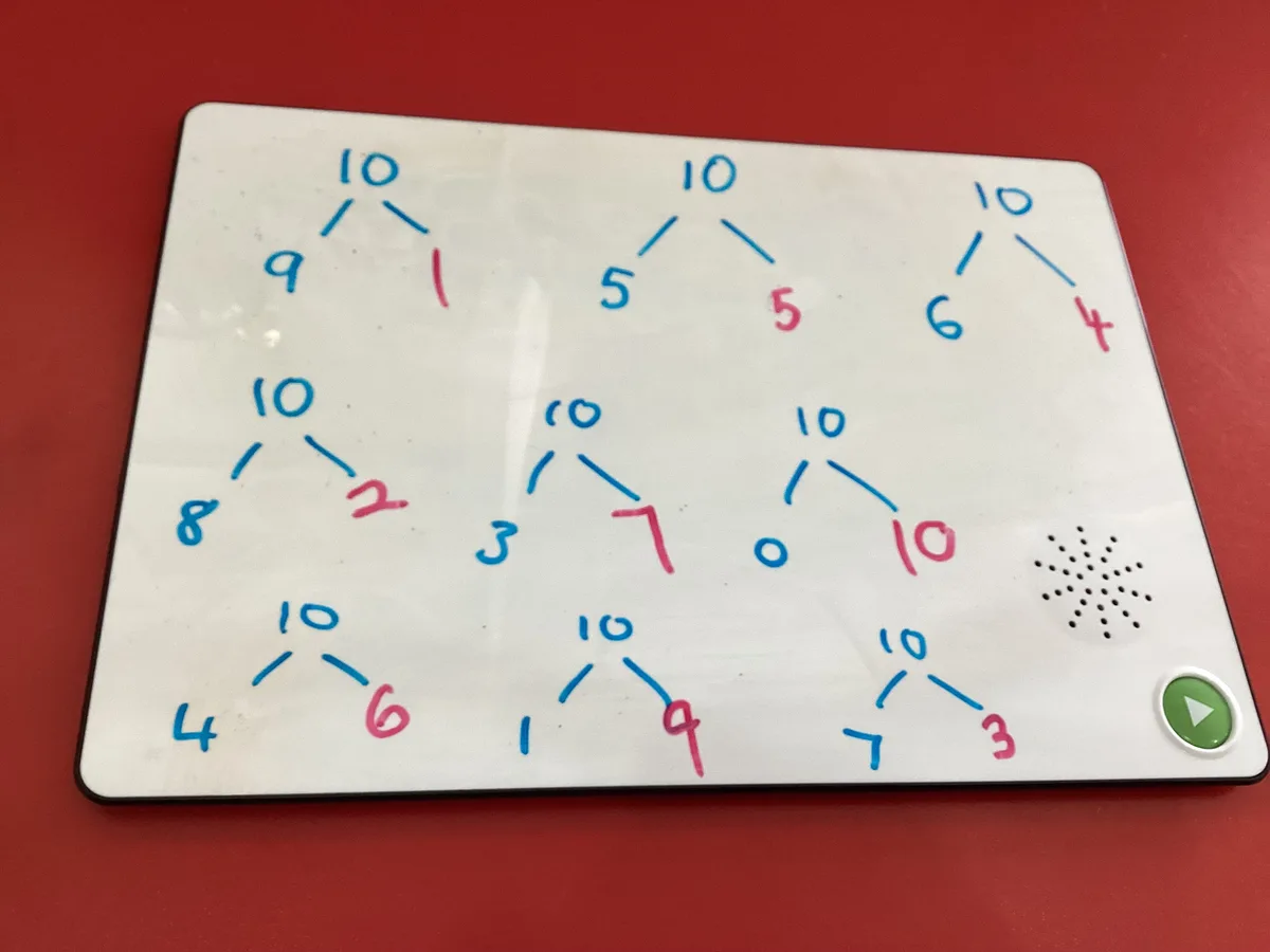 Pairs of numbers adding up to ten written on a small whiteboard